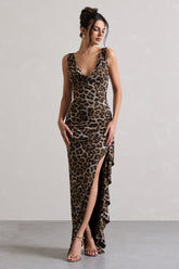Leopard Print Cowl-Neck Ruffled Split Maxi Dress
